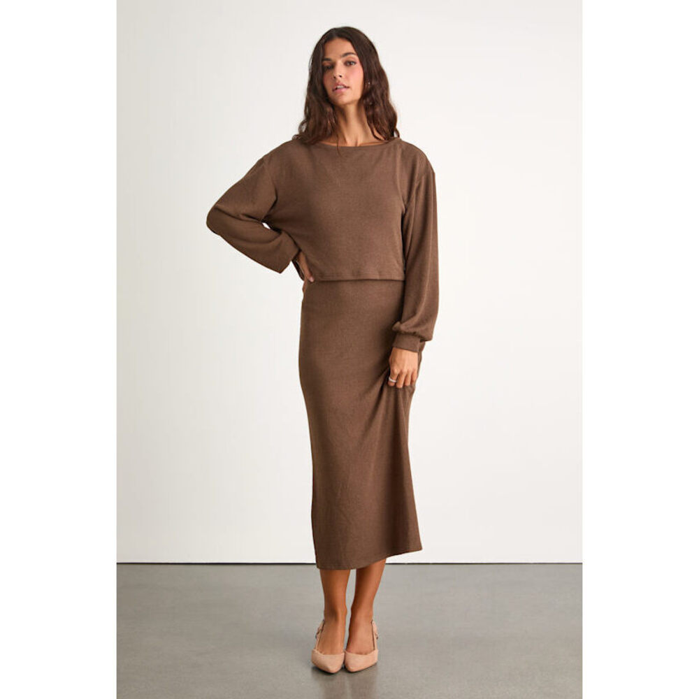Lulus Marvelous Match Brown Knit Two-piece Midi Dress & Sweater Set - Size S